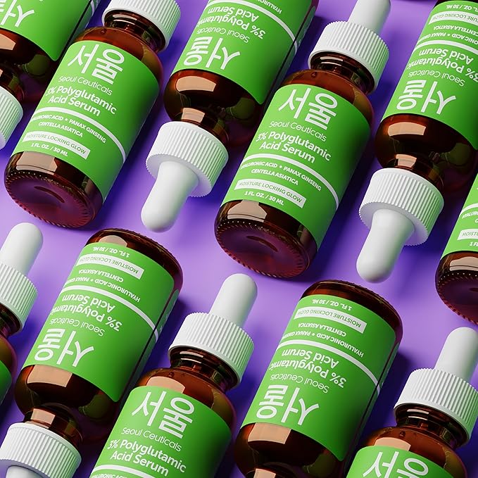 SeoulCeuticals Organic Polyglutamic Acid Serum - Korean Skin Care + Hyaluronic Acid + Centella Asiatica - K Beauty Anti Aging - Healthy Glowing Skin 1oz