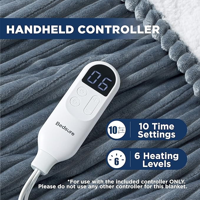 Bedsure Electric Blanket Twin - Soft Ribbed Flannel Heated Blanket, Heating Blanket with 10 Time Settings, 6 Heat Settings, and 8 hrs Timer Auto Shut Off (62x84 inches, Grey)