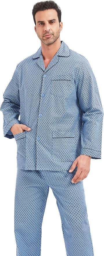 GLOBAL Men's Pajamas Sets 100% Cotton Flannel Sleepwear Long-Sleeve top & Bottom