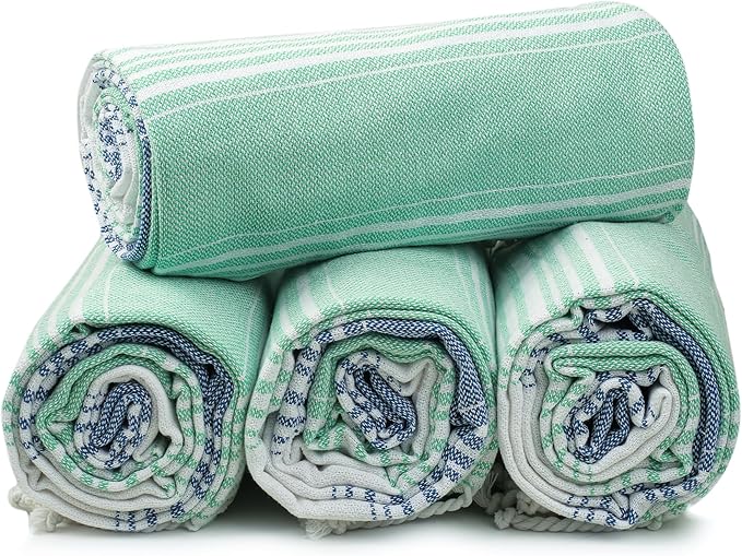 HILLFAIR Cotton Turkish Beach Towels, Quick Dry Lightweight Sand Free Peshtemal Towel for Bath Swim Yoga Spa Travel, Beach Accessories, Oversized Cotton Turkish Towels (39 x 72 inch- 4 Pack Mint Blue)