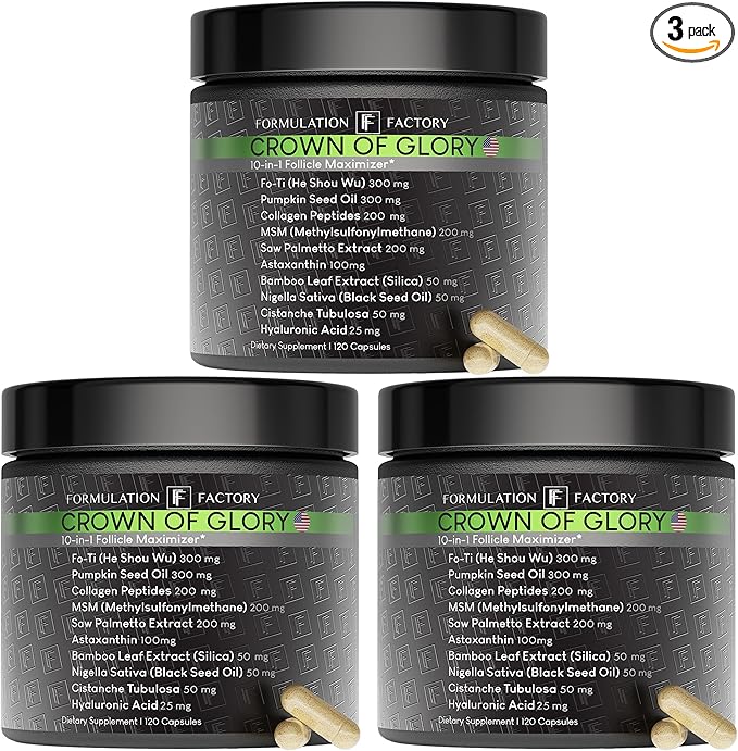 Formulation Factory Crown of Glory 10-in-1 Hair Growth Supplement with Fo-Ti, Saw Palmetto, Pumpkin Seed Oil, Collagen & More, Supports Hair, Nails & Skin (6 Month Supply, 360 Capsules)
