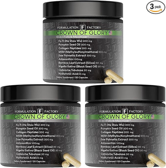 Formulation Factory Crown of Glory 10-in-1 Hair Growth Supplement with Fo-Ti, Saw Palmetto, Pumpkin Seed Oil, Collagen & More, Supports Hair, Nails & Skin (6 Month Supply, 360 Capsules)