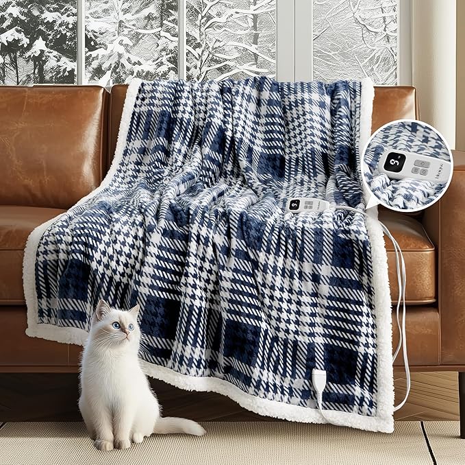 Heated Blanket Electric Throw-50''x60''Ultra Soft Cozy Plaid Flannel Fast Heating Electric Blanket with 10 Heat Levels & 10 Hours Auto Off, ETL Certified, Keep Warm in Couch Bed Office(Navy)