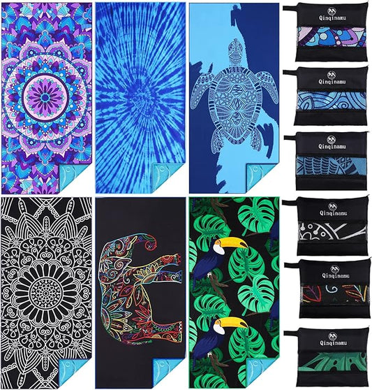6 Pack Microfiber Thin Lightweight Beach Towel Oversized 71x32 Extra Large Sand Free Towels for Travel Swim Pool Yoga Gym Camping for Adults Women Men Beach Essentials Accessories Vacation Gift