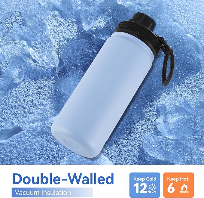 DOMICARE 16 oz Kids Water Bottle for School Stainless Steel Double Wall Vacuum Insulated Water Bottle with Straw lids & Spout Lid, Leakproof BPA Free (Light Blue,4)