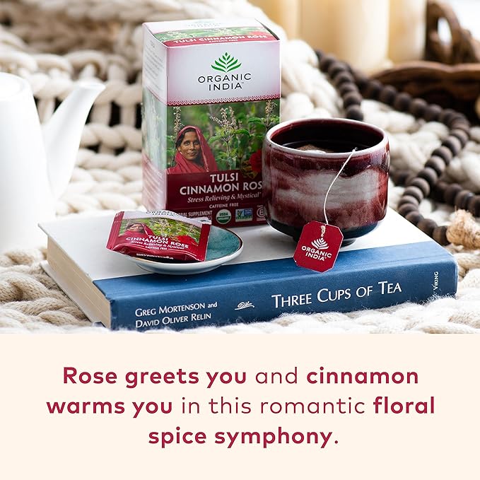 ORGANIC INDIA Tulsi Cinnamon Rose Tea Bags - Tulsi Rose Tea Bags, Cinnamon Tea Bags with Holy Basil, Chamomile, Stevia, USDA Certified Organic Caffeine Free Herbal Tea - 18 Infusion Bags, 6 Pack