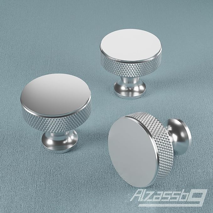 Alzassbg 6 Pack Polished Chrome Cabinet Knobs, 1.2 Inch(30.5mm) Diameter Knurled Round Cabinet Knobs of Metal Kitchen Handles Hardware for Carbinet and Drawer AL6067CP