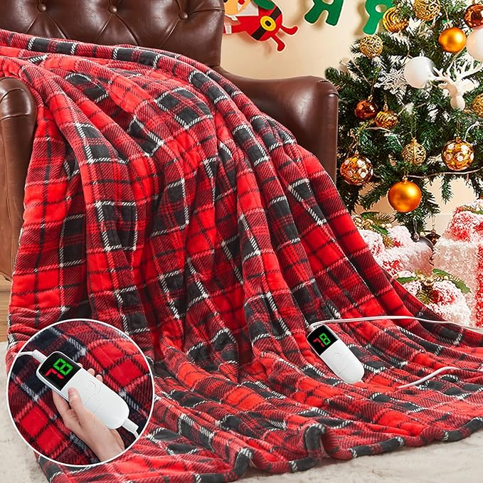 Heated Electric Blanket Full Size,72X84 Heating Blanket,Red Plaid Soft Sherpa Blankets Warmer Gift for Grandma Women Adult,Fast Heating Washable,ETL