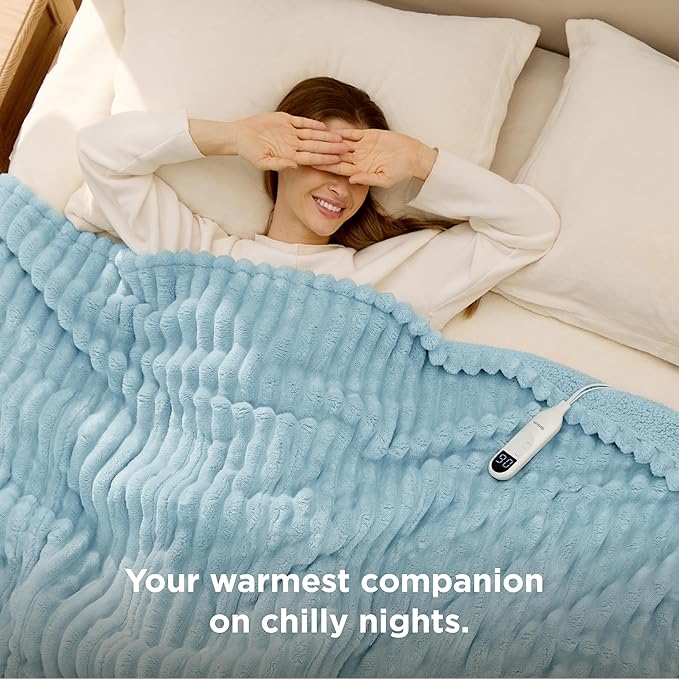 Bedsure Electric Blanket Twin - Thick Striped Flannel Electric Blanket, Heating with 10 Time Settings, 6 Heat Settings, and 8-Hour Timer Auto Shut Off, Gifts for Grandma (62x84 inches, Light Blue)