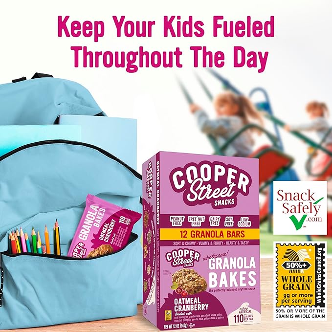 Cooper Street Oatmeal Cranberry Granola Bakes (12 pack) - Individually Wrapped Soft and Chewy Breakfast Granola Bars - Nut, Dairy & Soy Free - Great As Kids Snacks For School, Hiking Or Lunchbreak