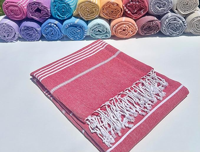 Turkish Beach Towel 100% Organic Cotton Extra Large Oversized (39 x 71 Inches) Quick Dry Sand Free Light Weight Prewashed for Bath Beach Gym Yoga Travel Towel Blanket (Red)