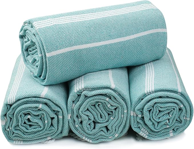 HILLFAIR Cotton Turkish Beach Towels, Quick Dry Lightweight Sand Free Peshtemal Towel for Bath Swim Yoga Spa Travel, Beach Accessories, Oversized Cotton Turkish Towels (39 x 72 inch- 4 Pack Aqua)