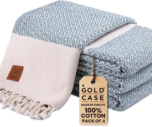 Gold CASE Turkish Beach Towel Set of 4 – 100% Cotton Large Turkish Bath Towels 67 x 38'' – Zeus Extra Large, Quick Dry & Sand Free Towels – Peshtemal for Pool – Aqua