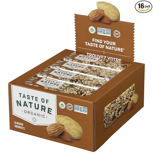 Taste of Nature Organic Almond Snack Bar - Healthy, Gluten Free, Non GMO, Vegan Snack Bars with Mixed Nuts, Fruits and Seeds - 16-Count Snack Pack
