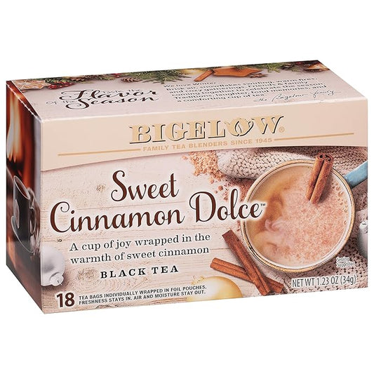 Bigelow Tea Sweet Cinnamon Dolce Black Tea, Caffeinated Tea with Cinnamon, 18 Count Box (Pack of 6), 108 Total Tea Bags (Packaging May Vary)