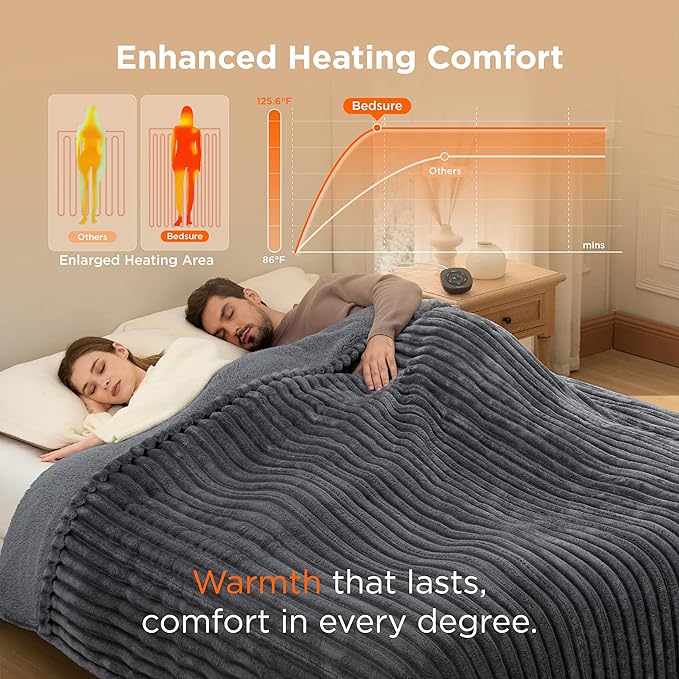 Bedsure Electric Blanket King Size - Thick Striped Flannel Electric Blanket with Dual Control, Heating with 10 Heat Settings & 10 Time Settings, 8 hrs Timer Auto Shut Off (90x100 inches, Grey)