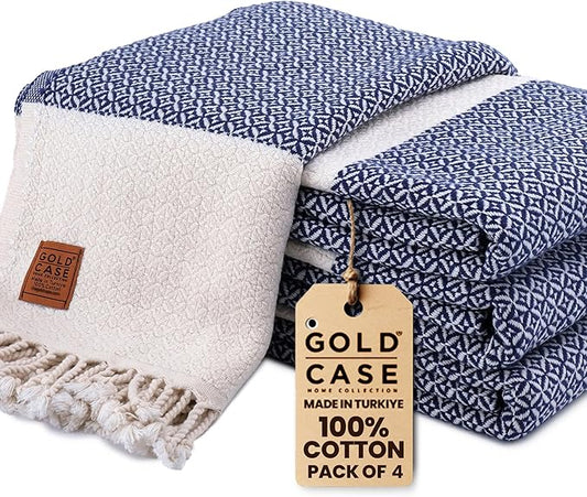 Gold CASE Turkish Beach Towel Set of 4 – 100% Cotton Large Turkish Bath Towels 67 x 38'' – Aphrodite Extra Large, Quick Dry & Sand Free Towels – Peshtemal for Pool – Navy Blue