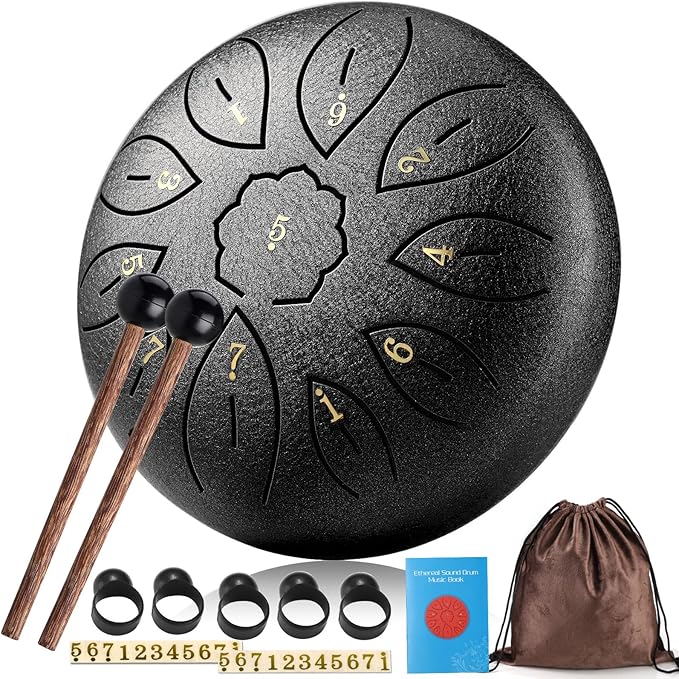 Facmogu Steel Tongue Drum, 6 Inch 11 Notes Rain Drum for Outside, Handpan Drums with Bag, Sticks, Finger Picks, Percussion Instrument for Meditation Yoga Musical Education Concert Mind Healing - Black