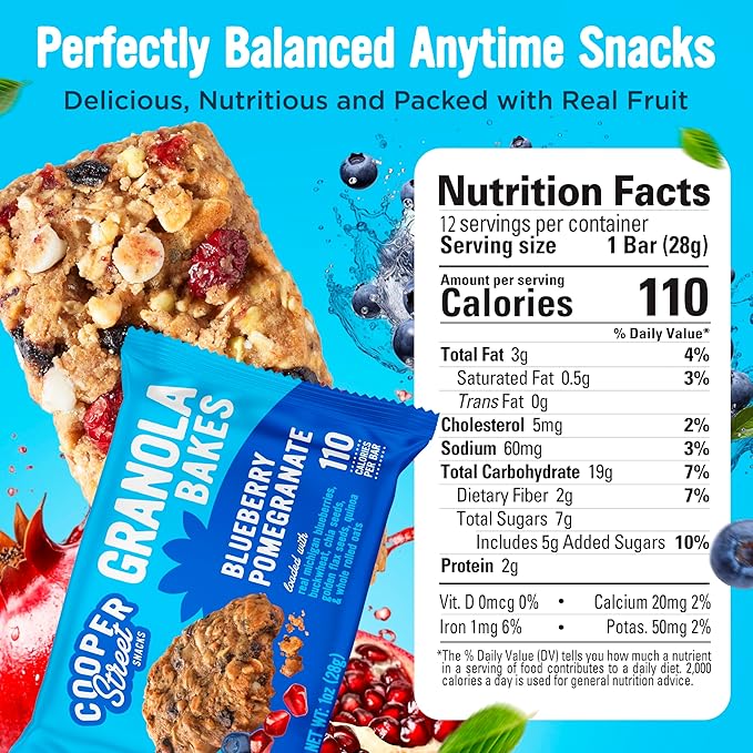 Cooper Street Blueberry Pomegranate Granola Bakes (12 bars) - Individually Wrapped Soft and Chewy Breakfast Granola Bars - Nut, Dairy & Soy Free - Great As Kids Snacks For School, Hiking Or Lunchbreak