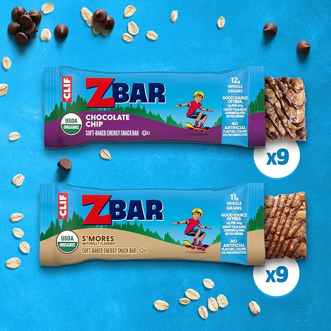 Zbar - Chocolate Chip and S'mores - Variety Pack - Soft Baked Snack Bars - Non-GMO - 11-12g Whole Grains - USDA Organic Granola Bars (18 Pack)
