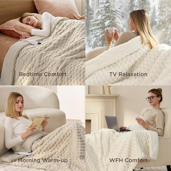 Bedsure Electric Blanket Twin Size - Super Soft Flannel Sherpa Heated Blanket with Bubble Pattern, Heating with 6 Heating Levels, 10 Time Settings, and 8-Hour Auto-Off (Coconut White, 62x84 inches)