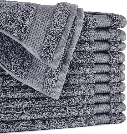 BIOWEAVES 100% Organic Cotton 700 GSM Plush Washcloths 13" x 13" GOTS Certified - Charcoal, Pack of 12