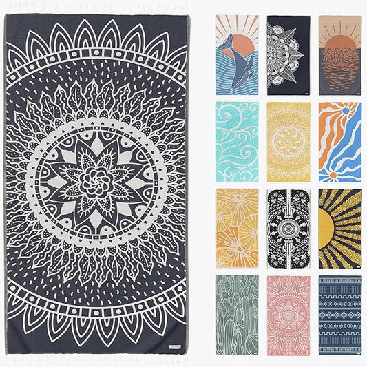 FESHKA Sand Proof Turkish Beach Towel – Oversized, Quick Dry & Lightweight Travel Towel - 100% Organic Cotton Beach Blanket - Perfect for Bath, Pool & Picnic | Sunflower (Navy)
