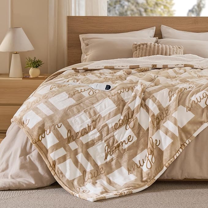 Bedsure Healing Electric Blanket Twin - Soft Flannel Sherpa Heated Blanket with Inspirational Words, Gift for Grandma, Heating with 6 Heating Levels, 10 Time Settings, 8-Hour Auto-Off (62x84 inches)