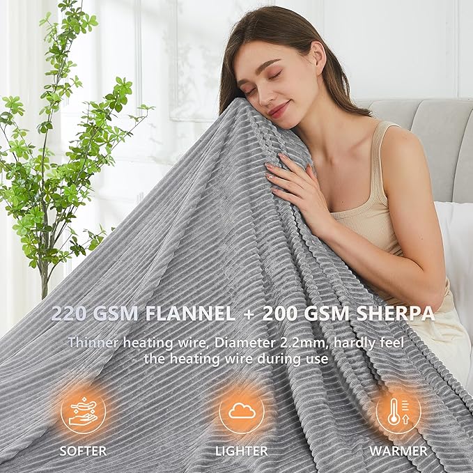 Homemate Electric Heated Blanket Twin Size - 62"x84" Heating Blanket Twin Size 1/2/4/6/8 Hours Auto-Off 10 Heat Level Over-Heat Protection Soft Flannel Sherpa ETL Certification
