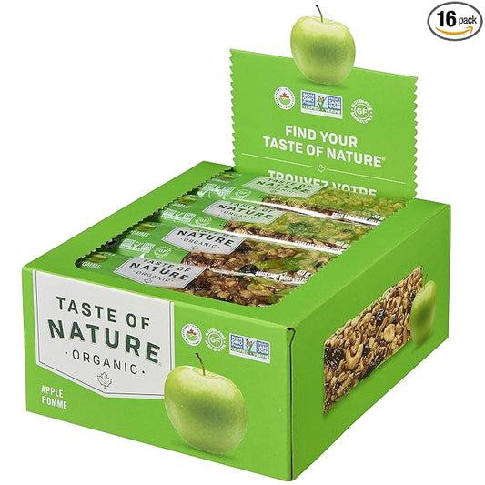 Taste of Nature Organic Apple Snack Bar - Healthy, Gluten Free, Non GMO, Vegan Snack Bars with Mixed Nuts, Fruits and Seeds - 16-Count Snack Pack