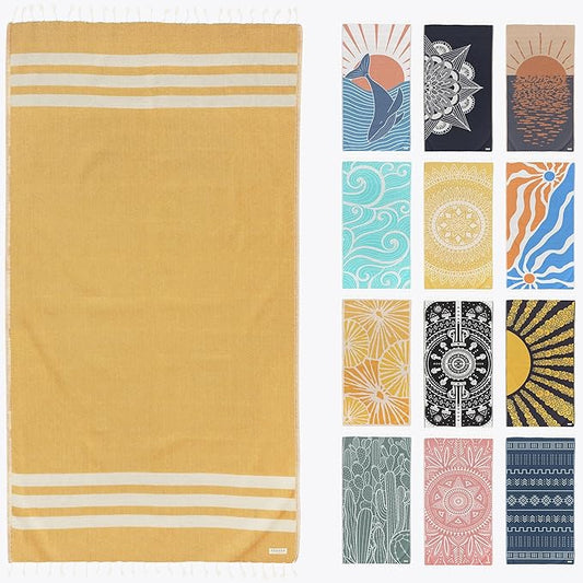FESHKA Sand Proof Turkish Beach Towel – Oversized, Quick Dry & Lightweight Travel Towel - 100% Organic Cotton Beach Blanket - Perfect for Bath, Pool & Picnic | Honey Drop (Yellow)