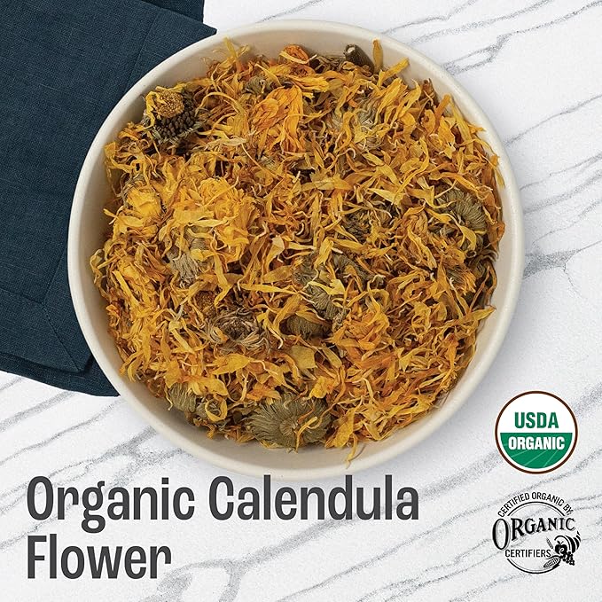 J Mac Botanicals, Organic Calendula Flower (4 ounce), whole dried flowers and petals, loose leaf tea, marigold flower, USDA Certified Organic. Great for loose leaf teas, cocktail bombs, salve