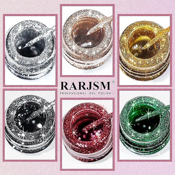 RARJSM Metallic Painting Gel Nail Polish Set,Black Silver Gold Green Pink Black Glitter Platinum Effect Drawing GelPolish 6 Pieces,Curing Reqired Nail Art Design Dotting Gel Liner Brush Pen Tool 8ml