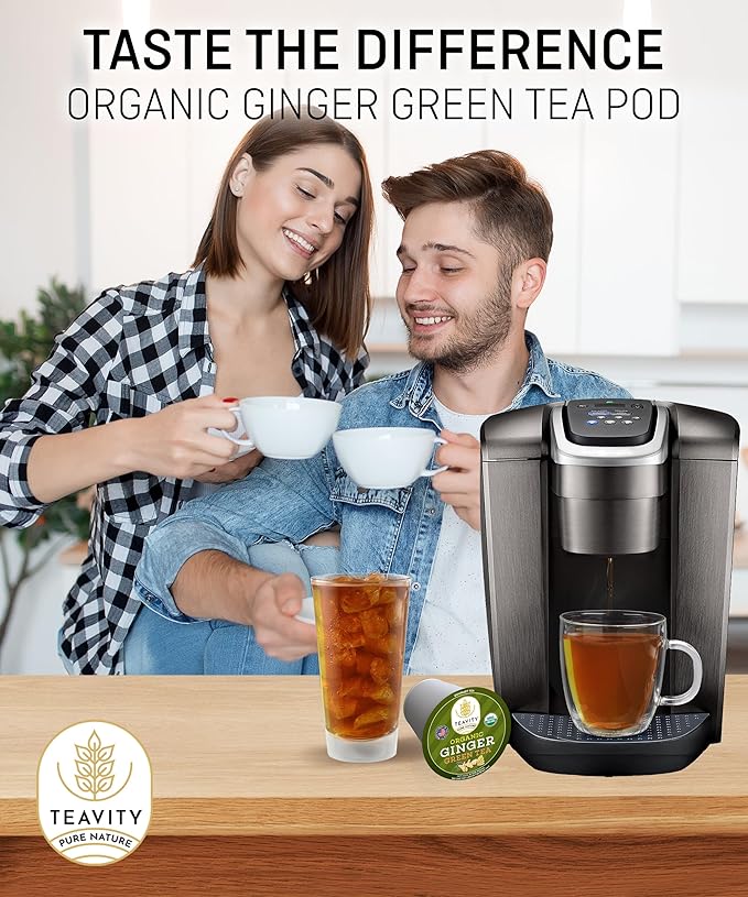 Green Tea & Ginger Tea Pods for Keurig - Caffeinated, Organic, Dye Free, Unsweetened, Herbal Blend for K Cup Machines - Hot or Iced (36 Tea Pods)