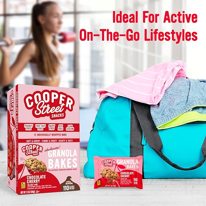 Cooper Street Chocolate Cherry Granola Bakes (12 pack) - Individually Wrapped Soft and Chewy Breakfast Granola Bars - Nut, Dairy & Soy Free - Great As Kids Snacks For School, Hiking Or Lunchbreak