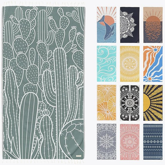 FESHKA Sand Free Turkish Beach Towel (37 x 67) Quick Dry Bath Towel, Oversized Beach Blanket, Lightweight for Travel - Made with 100% Organic Turkish Cotton - Saguaro (Green)