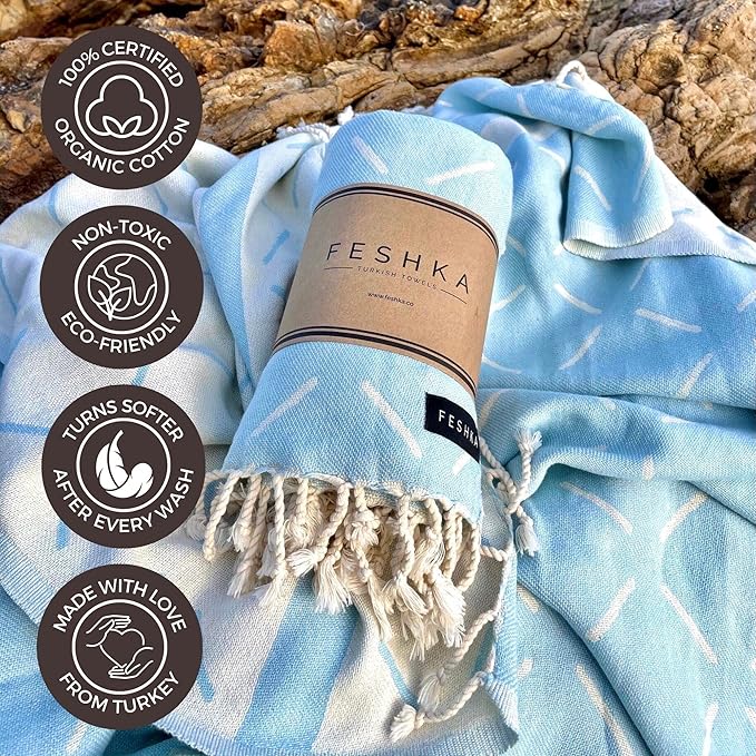 FESHKA Sand Free Turkish Beach Towel (37 x 67) Quick Dry Bath Towel All ages, Oversized Beach Blanket, Lightweight for Travel - Made with 100% Organic Turkish Cotton - Mavi (Baby Blue)