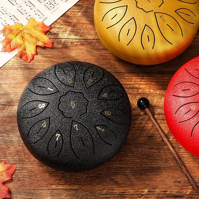 Facmogu Steel Tongue Drum, 6 Inch 11 Notes Rain Drum for Outside, Handpan Drums with Bag, Sticks, Finger Picks, Percussion Instrument for Meditation Yoga Musical Education Concert Mind Healing - Black
