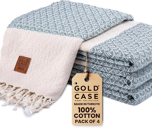 Gold CASE Turkish Beach Towel Set of 4 – 100% Cotton Large Turkish Bath Towels 67 x 38'' – Helen Extra Large, Quick Dry & Sand Free Towels – Peshtemal for Pool – Aqua
