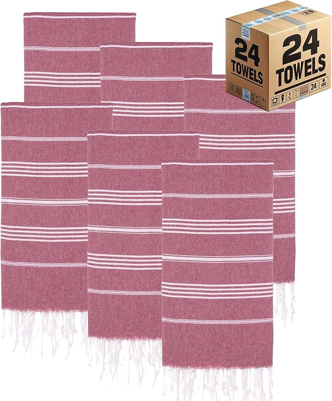 Turkish Beach Towels, Bulk Case of 24 | Oversized, Quick Dry, Sand Free | 100% Cotton, Large 38x71 Towels for Beach, Pool, Travel | Ultra-Soft, Compact, Absorbent | Burgundy