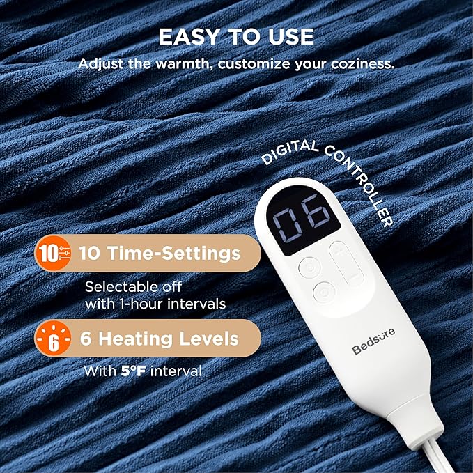 Bedsure GentleSoft Electric Blanket Twin - Soft Ribbed Flannel Heated Blanket, Heating with 10 Time Settings, 6 Heat Settings, and 8 hrs Timer Auto Shut Off, Gifts for Grandma (62x84 inches, Navy)