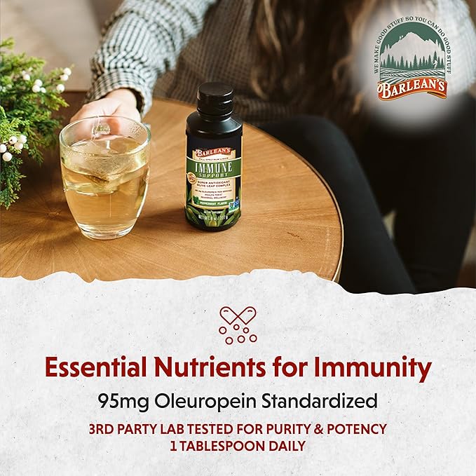 Barlean's Peppermint Olive Leaf Complex Liquid Immune Support Supplement, 95mg Oleuropein Antioxidants, 16 oz