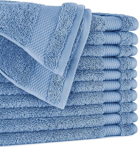 BIOWEAVES 100% Organic Cotton 700 GSM Plush Washcloths 13" x 13" GOTS Certified - Cerulean Blue, Pack of 12