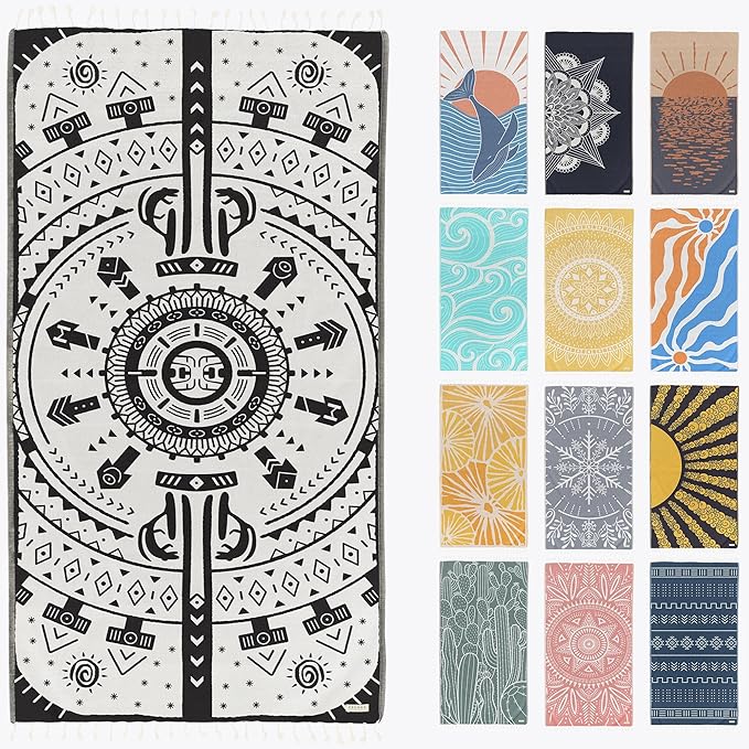 FESHKA Sand Proof Turkish Beach Towel – Oversized, Quick Dry & Lightweight Travel Towel - 100% Organic Cotton Beach Blanket - Perfect for Bath, Pool & Picnic | Gobeklitepe (Black)
