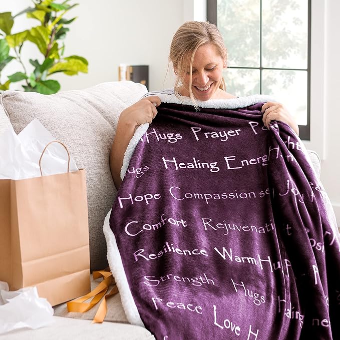 Chanasya 5-Piece Warm Hugs Positive Energy Healing Thoughts Comfort Caring Message Print Combo Gift Pack Throw Blanket, Neck Pillow, Eye Mask, Tote Bag, Socks - for Women Men Cancer Hospital Aubergine