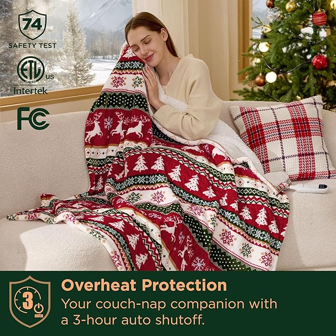 Bedsure Christmas Heated Blanket Throw - Soft Flannel Sherpa Electric Blanket with Fair Isle, with 6 Heating Levels, 4 Time Settings and 3-Hour Auto-Off, Heated Throw as a Gift (50x60 inches)
