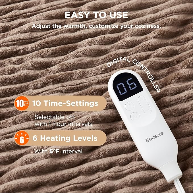 Bedsure GentleSoft Electric Blanket Twin - Soft Ribbed Flannel Heated Blanket, Heating with 10 Time Settings, 6 Heat Settings, and 8 hrs Timer Auto Shut Off, Gifts for Grandma (62x84 inches, Brown)