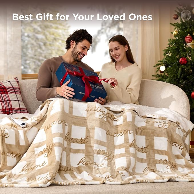 Bedsure Healing Electric Blanket Twin - Soft Flannel Sherpa Heated Blanket with Inspirational Words, Gift for Grandma, Heating with 6 Heating Levels, 10 Time Settings, 8-Hour Auto-Off (62x84 inches)