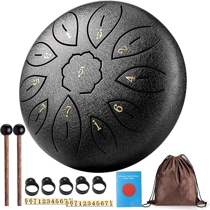 Facmogu Steel Tongue Drum, 6 Inch 11 Notes Rain Drum for Outside, Handpan Drums with Bag, Sticks, Finger Picks, Percussion Instrument for Meditation Yoga Musical Education Concert Mind Healing - Black