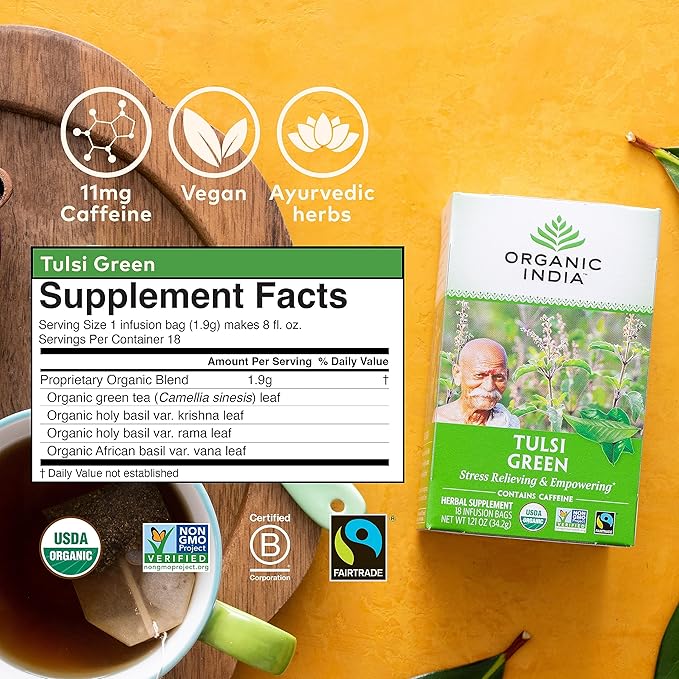 Organic India Tulsi Green Tea Bags - Holy Basil Tea, African Basil, Stress Relieving, Immune Support, USDA Certified Organic, Premium Darjeeling Green Tea, Caffeinated - 18 Infusion Bags, 6 Pack